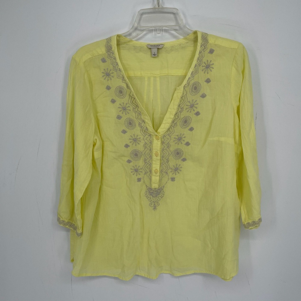 Sonoma Goods for Life Women's Yellow Embroidered Henley Boho Top Blouse Size L